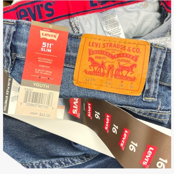 NWT Levis 511 Slim Flex Stretch Jeans Blue Adjustable Waistband Size 16 Youth - Picture 5 of 13